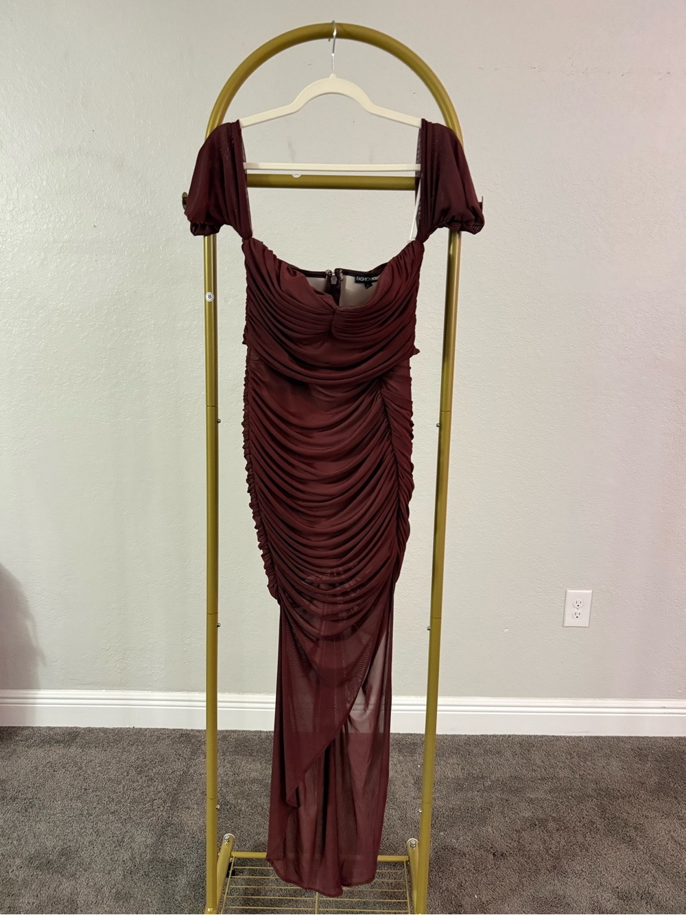 Fashion Nova Burgundy Ruched Off Shoulder Maxi Dress